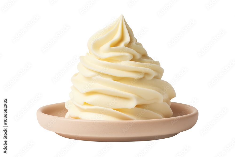 Creamy mascarpone cheese, smooth butter on plate isolated on white transparent background. Concept of dairy products and cooking ingredients Creamy mascarpone cheese, smooth butter on plate isolated on white transparent background. Concept of dairy products and cooking ingredients