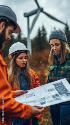 Group of engineers working on a wind turbine project, Generative AI