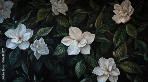 Oil painting of blooming gardenia and jasmine flowers with leaves on a dark backdrop featuring vibrant blossoms and a framed edge