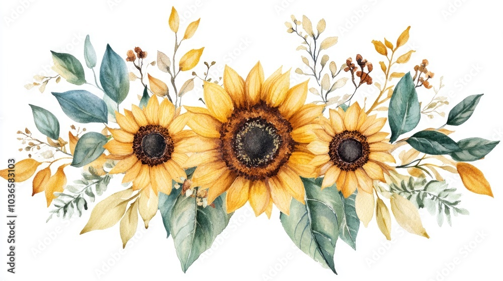 Naklejka premium Hand drawn watercolor sunflowers in a beautiful floral arrangement Stock illustration
