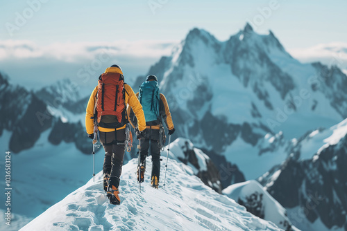 Rearview of a two hiking mountaineers with a backpack and winter clothing, exploring and hiking on top of a snowy mountain with a frozen landscape, extreme sports adventure, mountaineering	