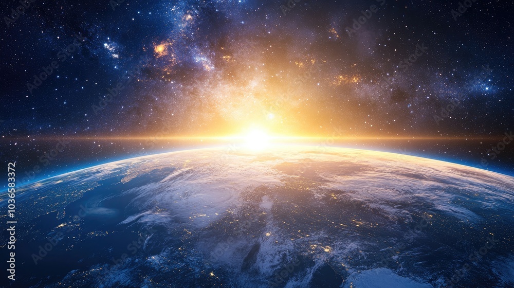 Panoramic view of the Earth sun stars and galaxy in a 3D cartoon rendering Sunrise above our planet observed from space Panoramic view of the Earth sun stars and galaxy in a 3D cartoon rendering Sunrise above our planet observed from space