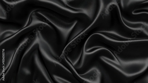 Luxurious Black Silk Close-Up: Shiny, Wrinkled Satin Fabric with a Soft, Glossy Sheen - Elegant Background