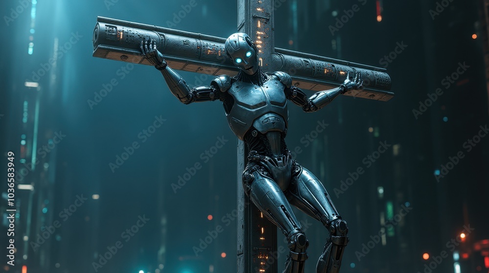A highly detailed humanoid robot suspended on a metallic futuristic cross mimicking the crucifixion. A highly detailed humanoid robot suspended on a metallic futuristic cross mimicking the crucifixion.