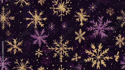 Seamless Christmas pattern featuring vintage purple snowflakes and gold stars