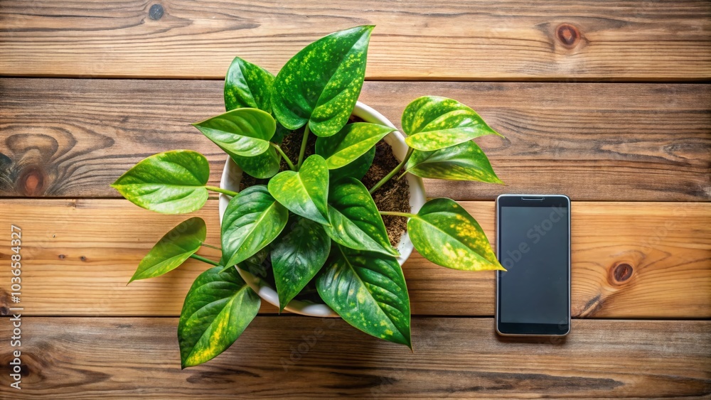 Smartphone, plant, and wooden table create an urban exploration flat lay. Smartphone, plant, and wooden table create an urban exploration flat lay.