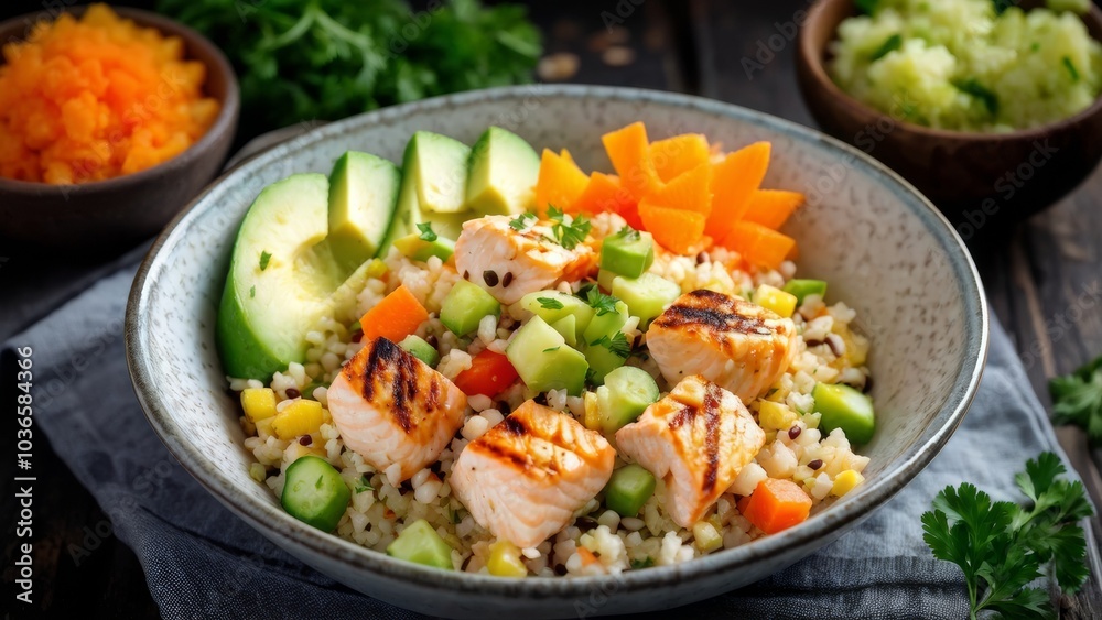 Rice with cauliflower, stacked pieces of grilled salmon, diced avocado, carrots and cucumber. Rice with cauliflower, stacked pieces of grilled salmon, diced avocado, carrots and cucumber.