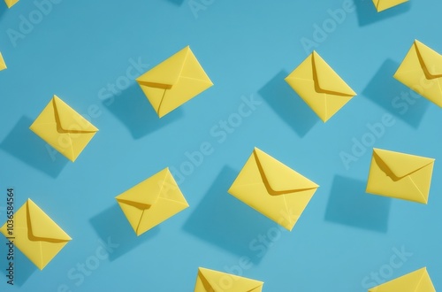 A flat lay of yellow envelopes floating against a blue background, symbolizing the transfer and delivery process for email marketing.  photo