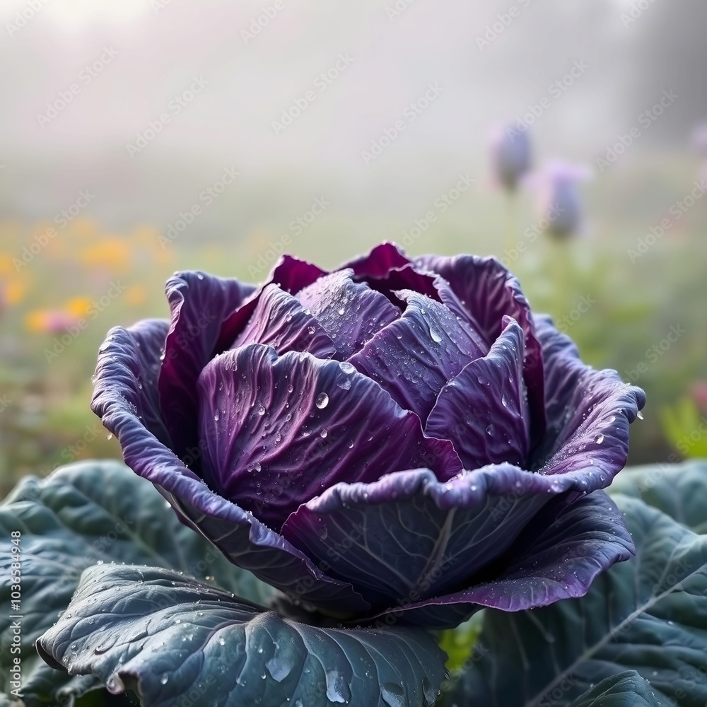 Obraz premium A dewy head of purple cabbage in the early morning, set against a foggy garden backdrop