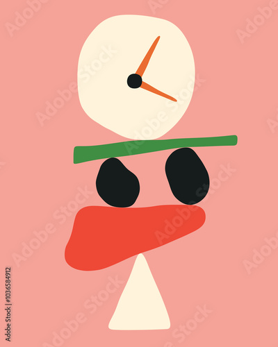 vector art of a balanced arrangement of colorful minimalist irregular shapes with a clock at the top