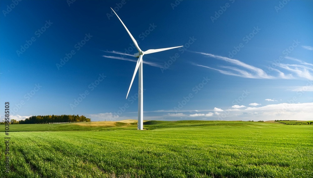 A wind turbine spinning in a vast green field under a bright blue sky, symbolizing renewable energy. A wind turbine spinning in a vast green field under a bright blue sky, symbolizing renewable energy.