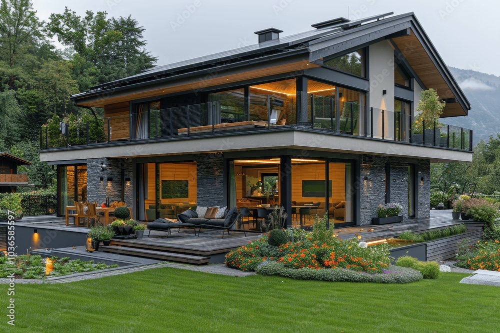 Modern eco-friendly house with solar panels on the roof and landscaped ...