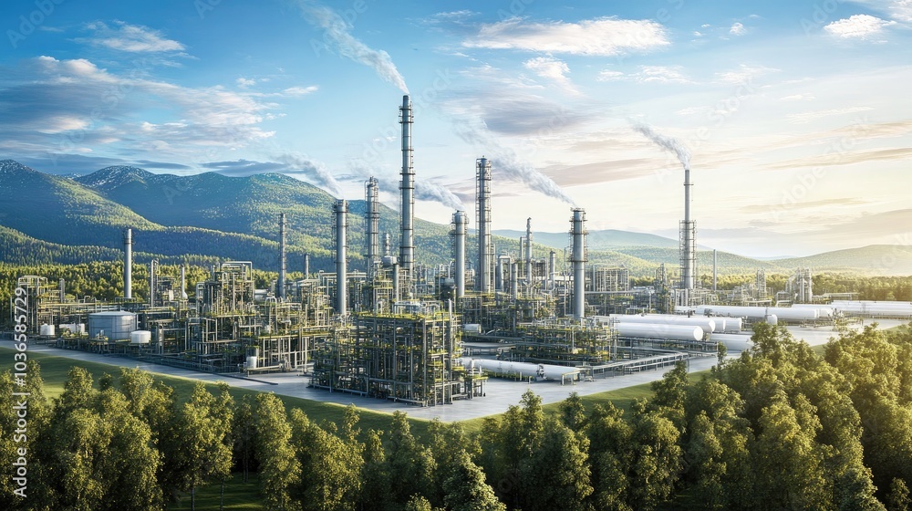 Fototapeta premium Petrochemical facility with industrial equipment amidst a landscape setting