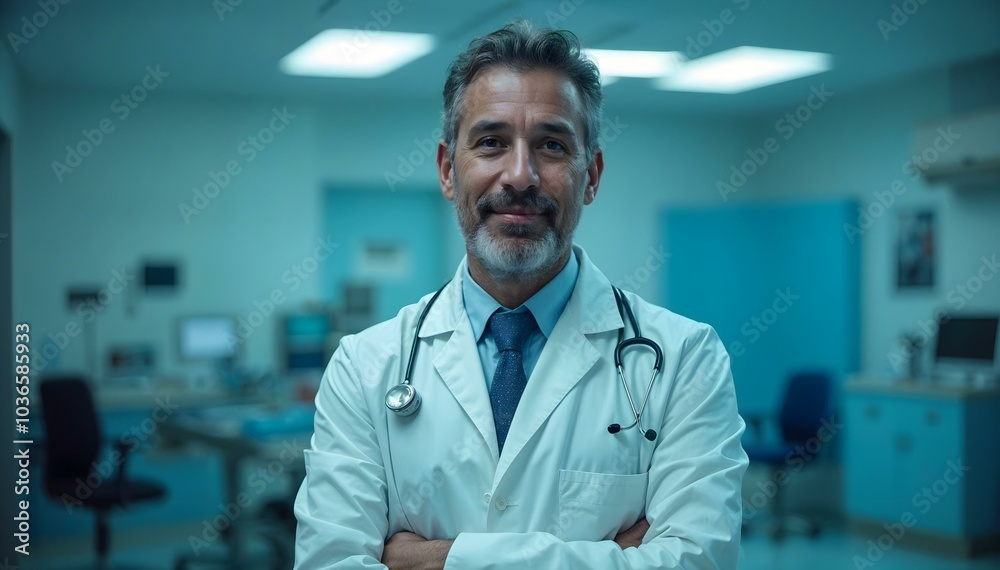 Confident Doctor Standing in Medical Office with Stethoscope Confident Doctor Standing in Medical Office with Stethoscope