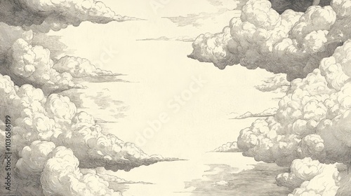 Charming hand drawn dashed clouds in the sky A linear backdrop featuring pen and ink illustrations resembling renaissance etchings showcasing line art with light and shadow details