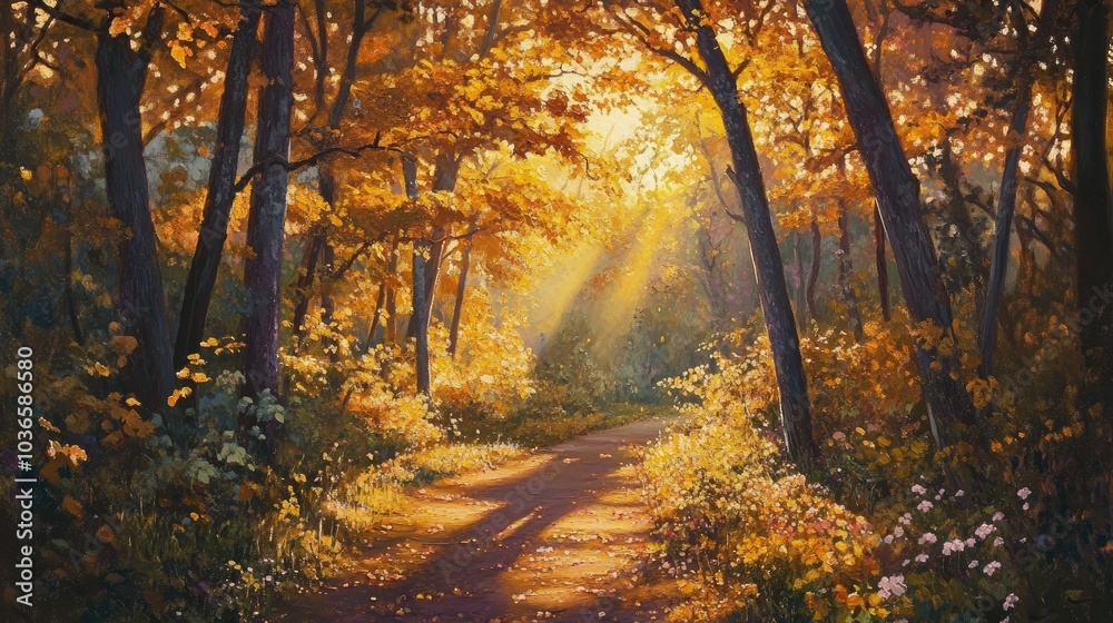 Obraz premium Oil painting depicting a captivating dance of colors and shadows where nature reveals a stunning masterpiece illuminated by the warm glow of sunrise showcasing intricate details