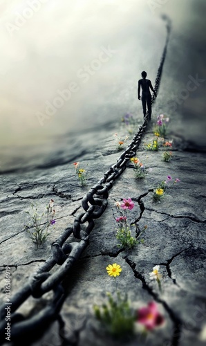 A silhouette walks away from a chain, flowers bloom on