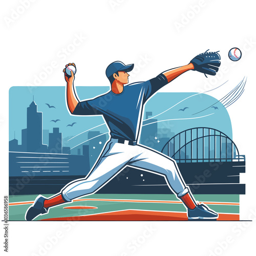 baseball player is pitching a ball in front of a city skyline