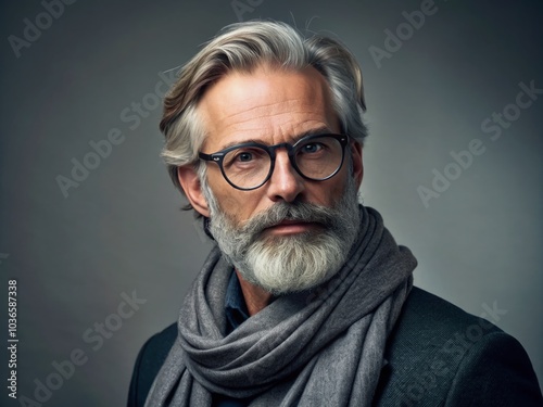 Nobleman exudes sophistication in glasses and elegant scarf.