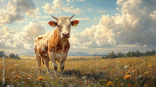 Tranquil Cow in Bright Sunny Meadow