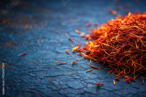 Rich saffron threads scattered on a dark blue background, velvet, slime, fashion