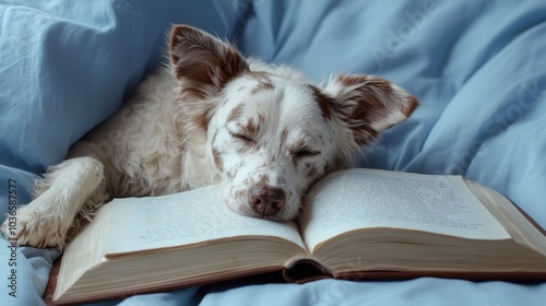 A serene moment where a dog rests its head on a book, enjoying quiet time with its owner. photo