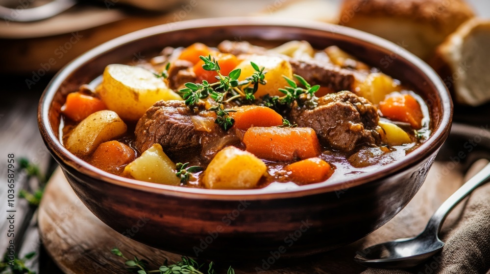 A hearty beef stew with carrots, potatoes, and herbs A hearty beef stew with carrots, potatoes, and herbs