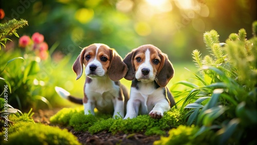 Miniature beagles frolic in a garden, blurred background emphasizing playful pups.