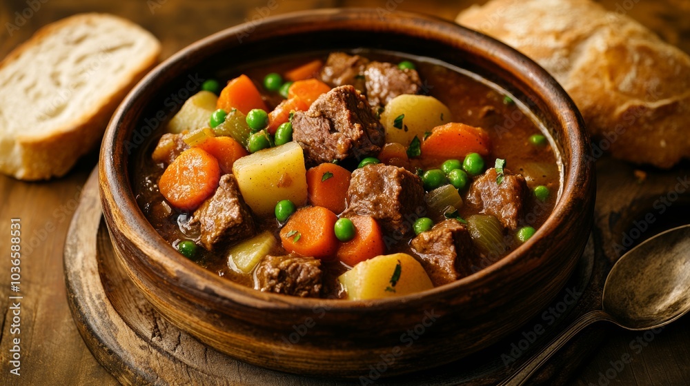 A hearty beef stew with tender chunks of beef, carrots, potatoes A hearty beef stew with tender chunks of beef, carrots, potatoes