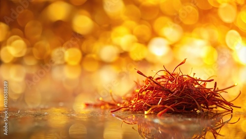 Saffron threads slowly dripping onto a warm, golden background, creating a delicate, intricate pattern, dripping, texture, saffron