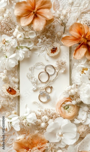 Wedding rings with white and orange flowers. photo