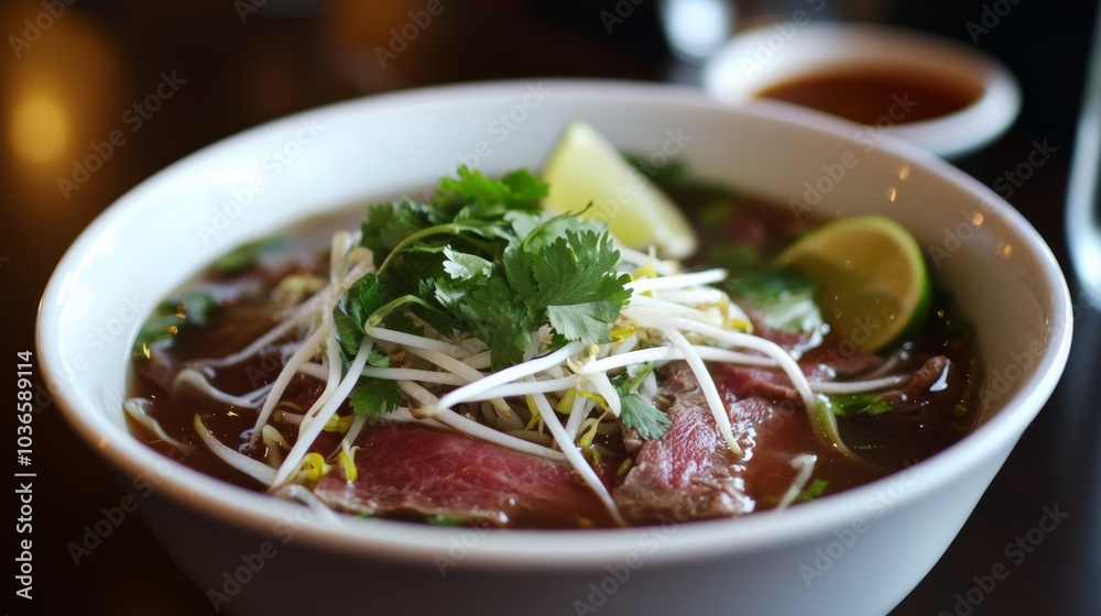 A hearty bowl of beef pho with rice noodles, thinly sliced beef, bean sprouts A hearty bowl of beef pho with rice noodles, thinly sliced beef, bean sprouts