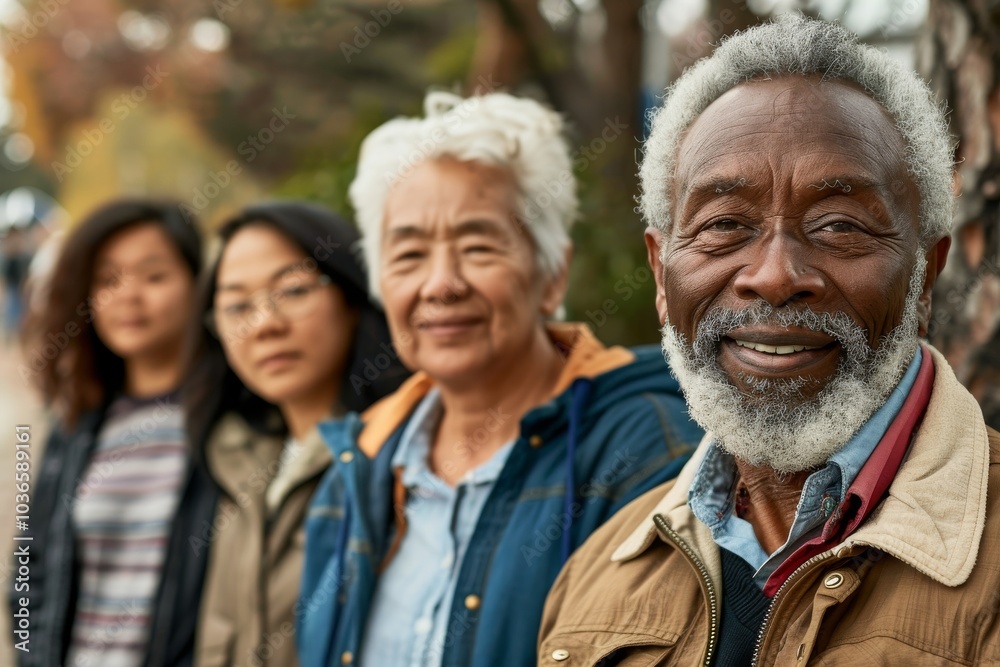 Portrait of an elderly Asian man with his family in the background Portrait of an elderly Asian man with his family in the background