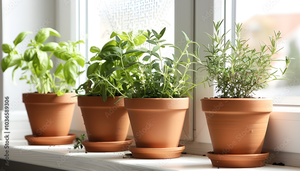 Different fresh potted herbs on windowsill indoors. Space for text Different fresh potted herbs on windowsill indoors. Space for text
