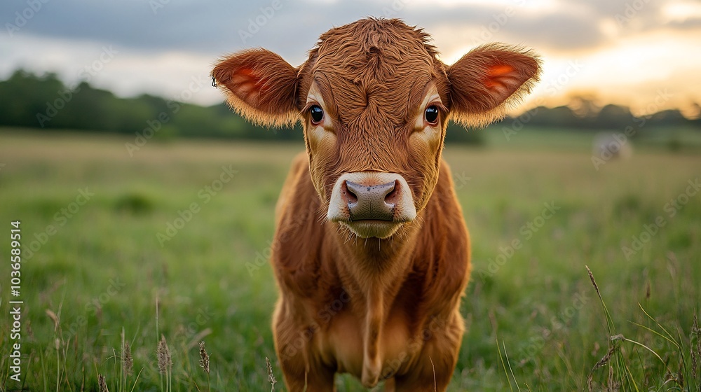 Tranquil Cow in Lush Green Pasture at Sunset Tranquil Cow in Lush Green Pasture at Sunset