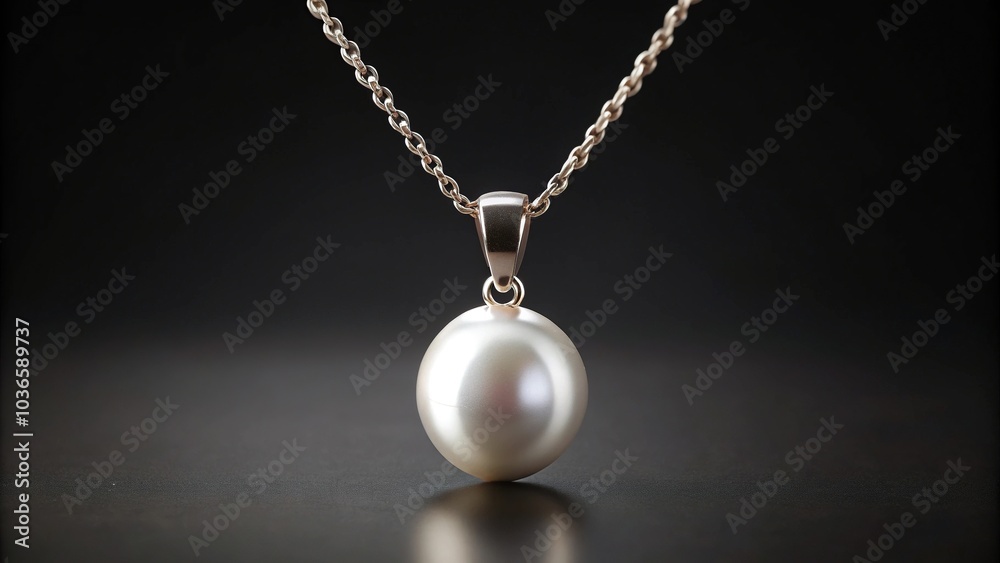 Single white pearl pendant hanging from a chain on a dark, isolated surface, elegant, solitary, treasure Single white pearl pendant hanging from a chain on a dark, isolated surface, elegant, solitary, treasure