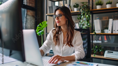 A stylish businesswoman working on a marketing campaign in her office, driving business growth.