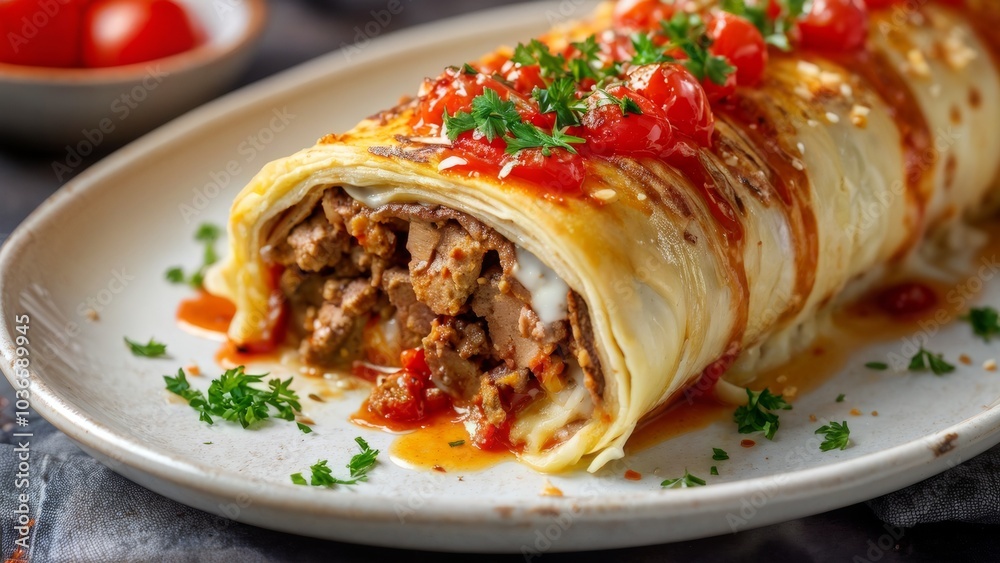 Mediterranean cuisine. Moussaka roll with minced meat filling, with juicy bechamel sauce and tomato sauce. Mediterranean cuisine. Moussaka roll with minced meat filling, with juicy bechamel sauce and tomato sauce.