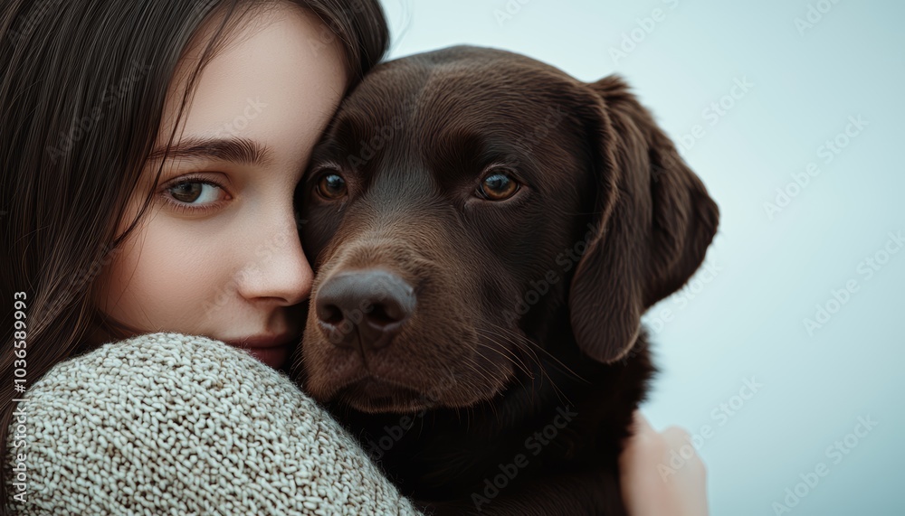 A sweet bonding moment between a woman and her dog, with her holding the dog affectionately. A sweet bonding moment between a woman and her dog, with her holding the dog affectionately.