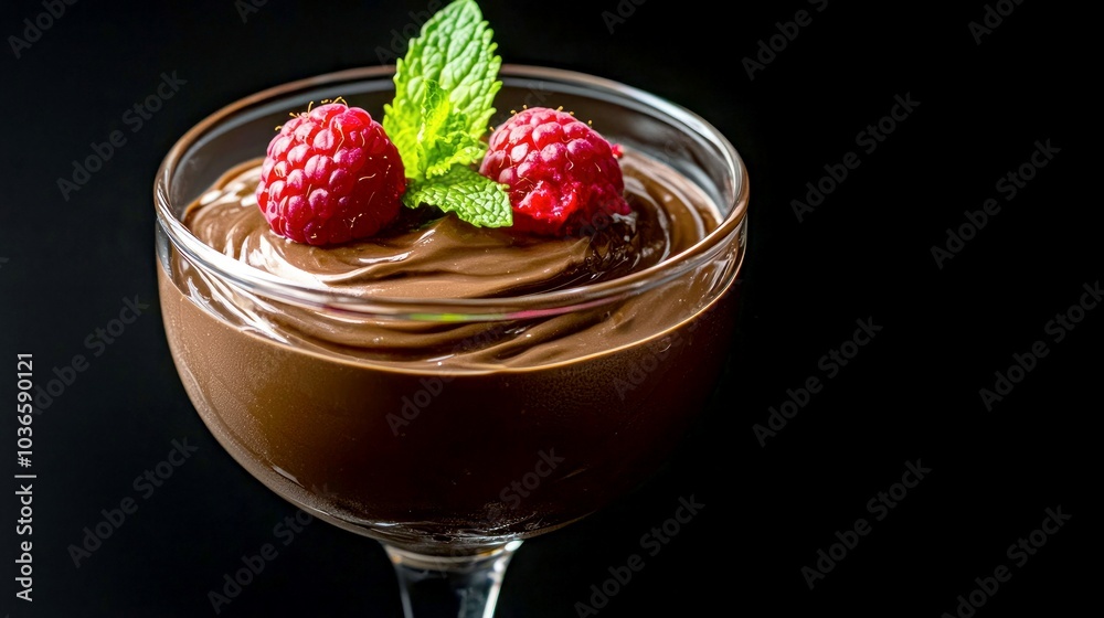 Close-up of a chocolate mousse dessert garnished with fresh raspberries and mint leaves, isolated against a black background. Close-up of a chocolate mousse dessert garnished with fresh raspberries and mint leaves, isolated against a black background.
