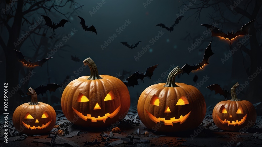 Four glowing jack-o'-lanterns with carved faces, surrounded by flying bats and a dark, spooky forest backdrop. Four glowing jack-o'-lanterns with carved faces, surrounded by flying bats and a dark, spooky forest backdrop.
