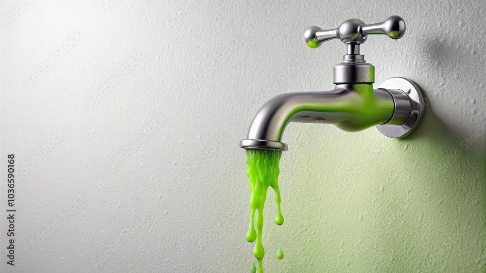 slime dripping from a faucet on a white wall, gelatinous substance, natural element, liquid residue slime dripping from a faucet on a white wall, gelatinous substance, natural element, liquid residue