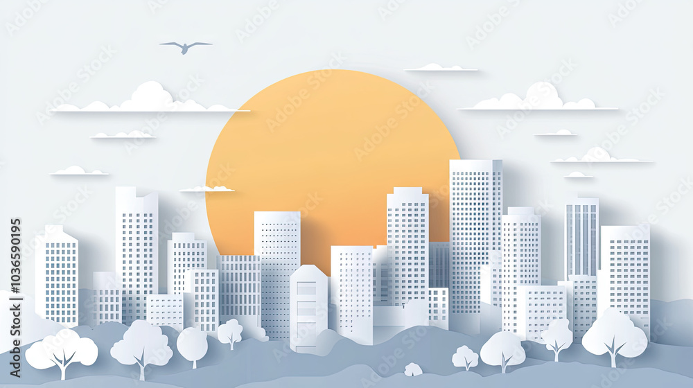 Fototapeta premium A big papercut illustration of a city with high-rise towers, small houses, and parks, in shades of white and gray, with a sunset background. --chaos