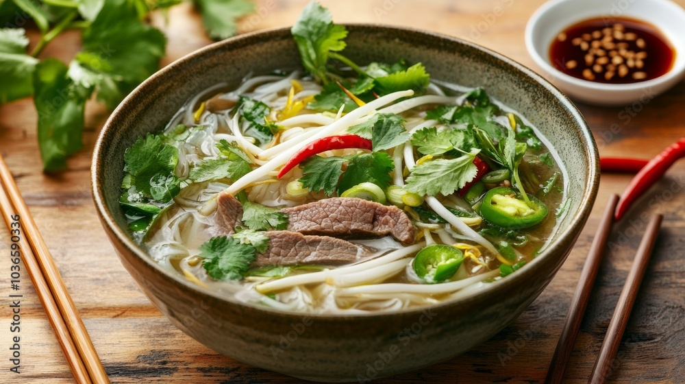 A hearty bowl of beef pho with rice noodles, thinly sliced beef, fresh herbs A hearty bowl of beef pho with rice noodles, thinly sliced beef, fresh herbs