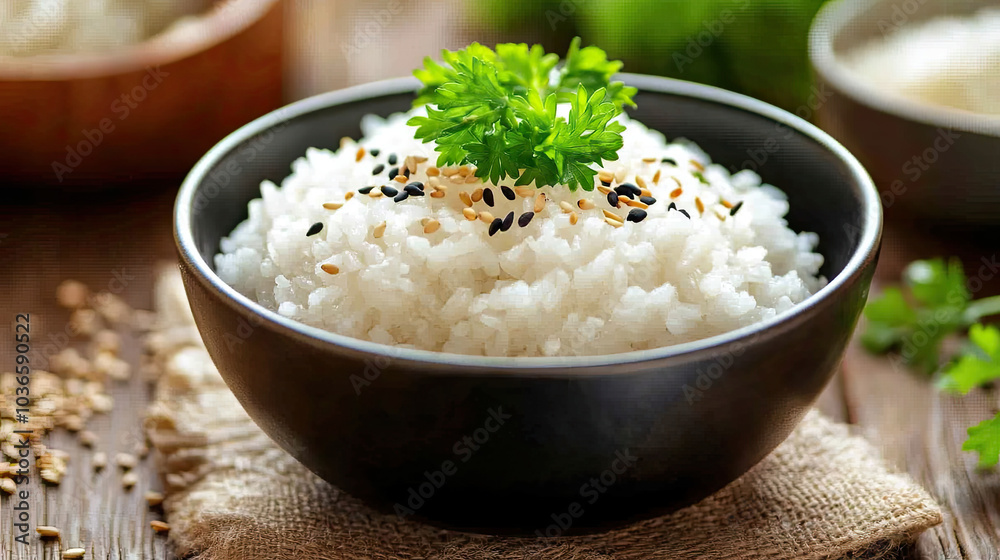 A bowl of fluffy white rice garnished with sesame seeds and a sprig of parsley, placed on a wooden surface with a blurred background. --chaos A bowl of fluffy white rice garnished with sesame seeds and a sprig of parsley, placed on a wooden surface with a blurred background. --chaos