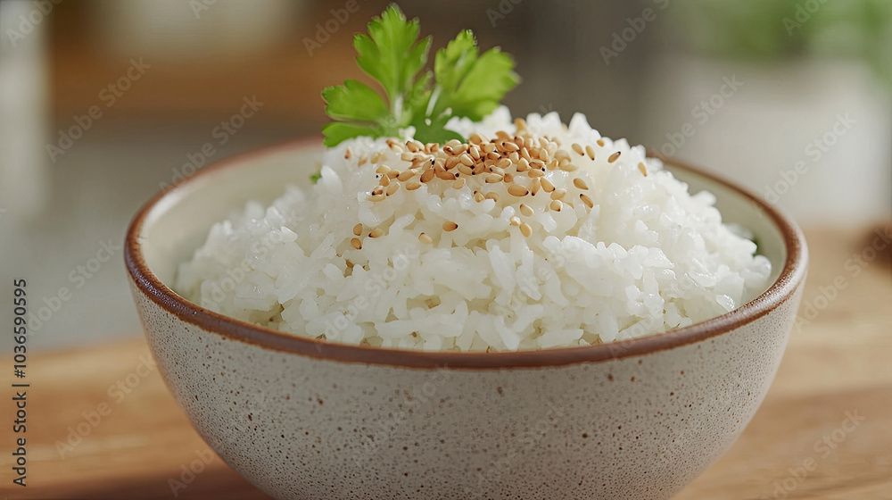 A bowl of fluffy white rice garnished with sesame seeds and a sprig of parsley, placed on a wooden surface with a blurred background. --chaos A bowl of fluffy white rice garnished with sesame seeds and a sprig of parsley, placed on a wooden surface with a blurred background. --chaos