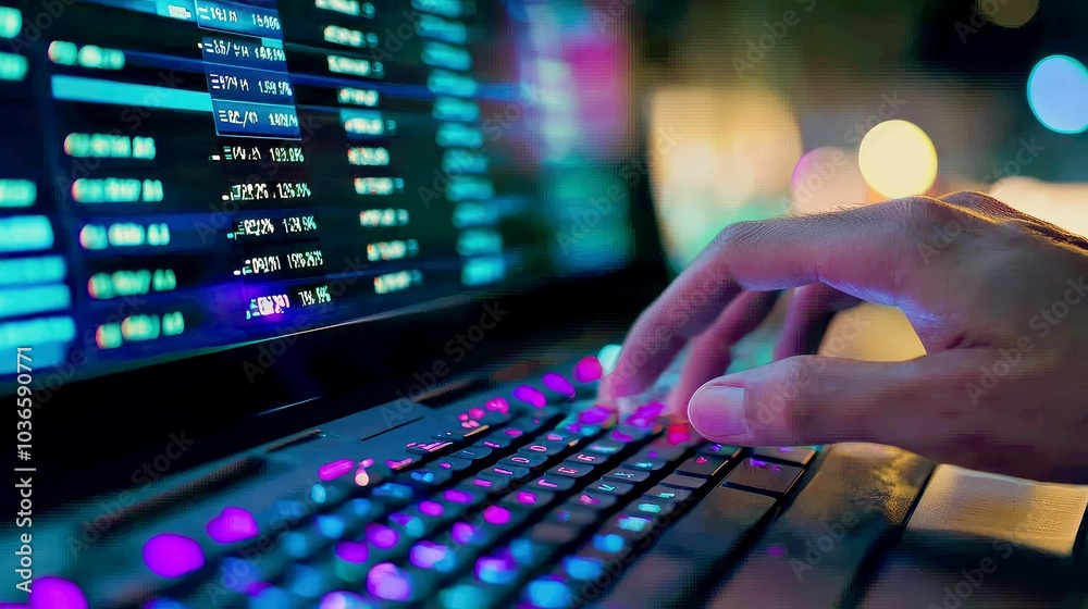 Closeup of a hand typing on a laptop keyboard with a stock market chart displayed on the screen. Closeup of a hand typing on a laptop keyboard with a stock market chart displayed on the screen.