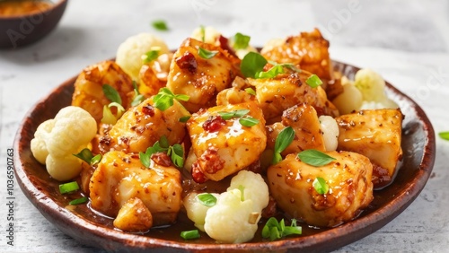 Delicious chicken cubes, poured with velvety creamy mushroom sauce, with crispy cauliflower florets, laid out on a rustic ceramic plate.