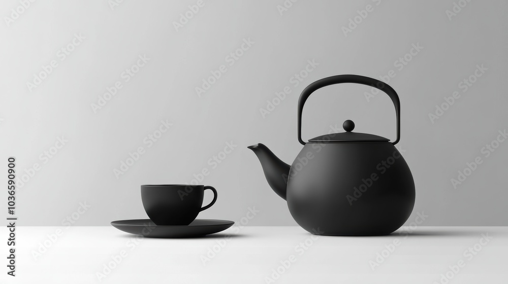 A black tea kettle sits beside a matching cup on a minimalist table, creating a serene and elegant atmosphere in soft light. Generative AI A black tea kettle sits beside a matching cup on a minimalist table, creating a serene and elegant atmosphere in soft light. Generative AI