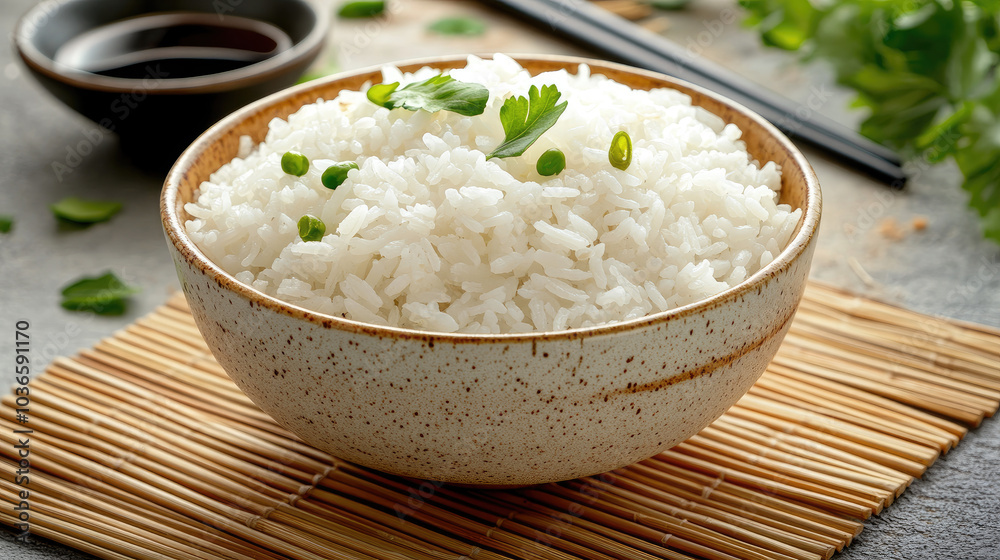 A bowl of steaming white rice placed on a bamboo mat, with a small dish of soy sauce and chopsticks in the background. --chaos A bowl of steaming white rice placed on a bamboo mat, with a small dish of soy sauce and chopsticks in the background. --chaos